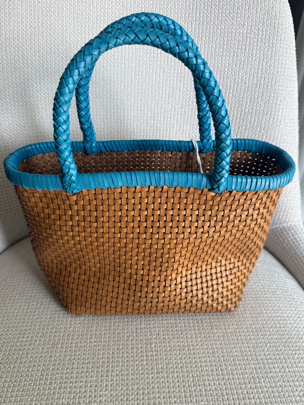 Madewell Signature Woven Mini Tote in Golden Tan with Tropical Blue Trim - Picture 4 of 7